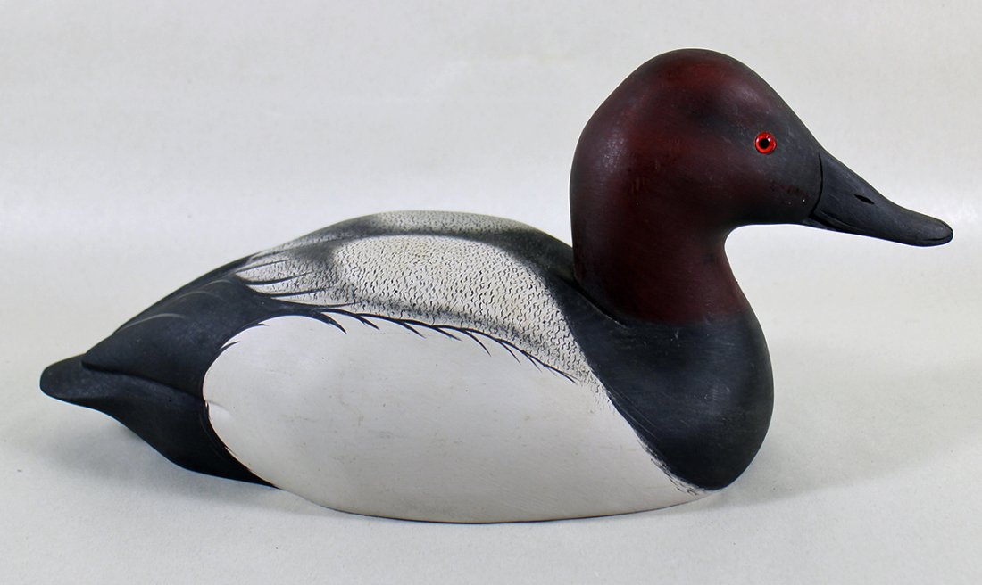 CANVAS BACK DRAKE DUCK DECOY: Hand painted duck decoy by Barbara J. Benson from 1988. Measures 15.5" long.