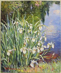 JAN PAWLOWSKI PAINTING: Jan Pawlowski (b. 1949) White lilies on a pond. Signed lower left and dated. Measures 36" x 30" on canvas, unframed.