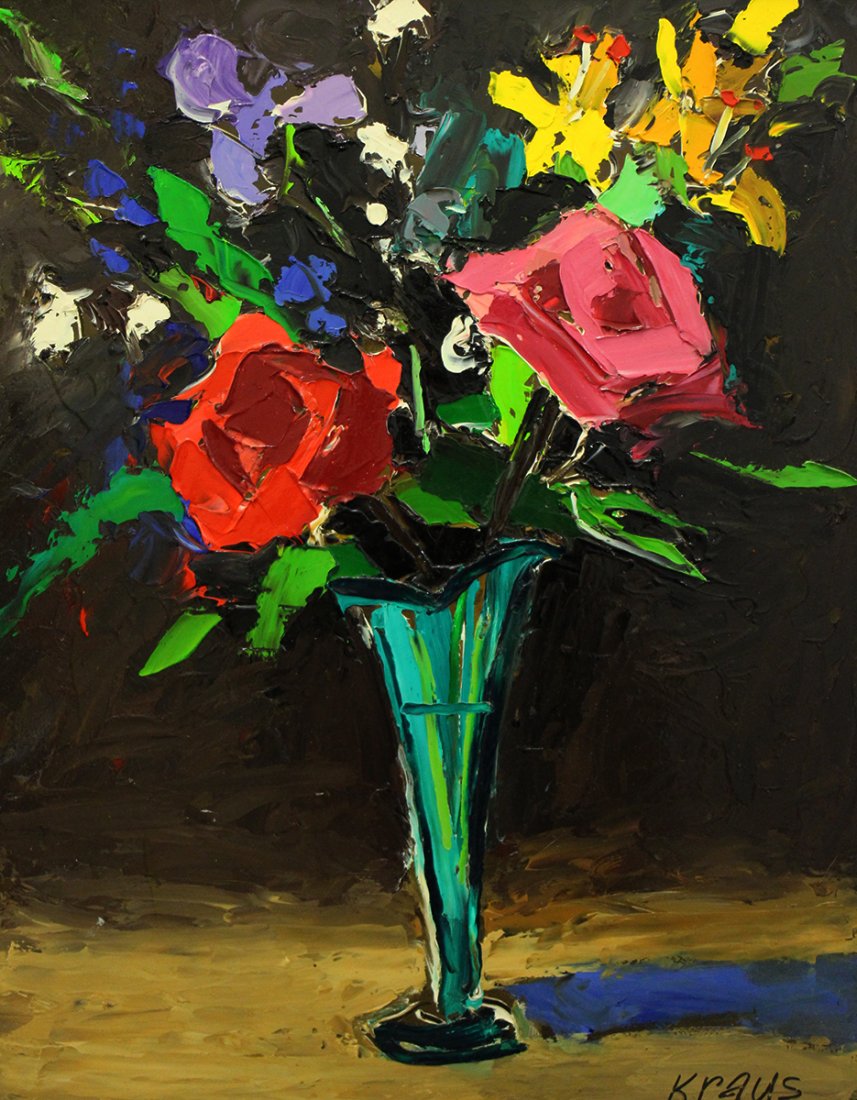 HAROLD KRAUS FLORAL STILL LIFE PAINTING: Harold Kraus still life painting of flowers titled "Hybrid Holiday". Measures 28" x 21.75" on board and 42" x 36" w/ frame.