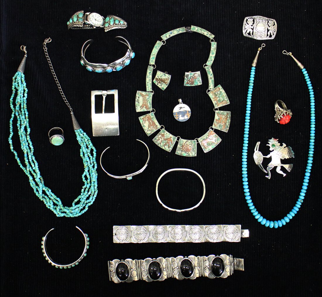 VINTAGE STERLING SIVLER JEWELRY: Includes Native American jewelry, turquoise, onyx, Mexican sterling, & more. Most pieces marked 925 or sterling.