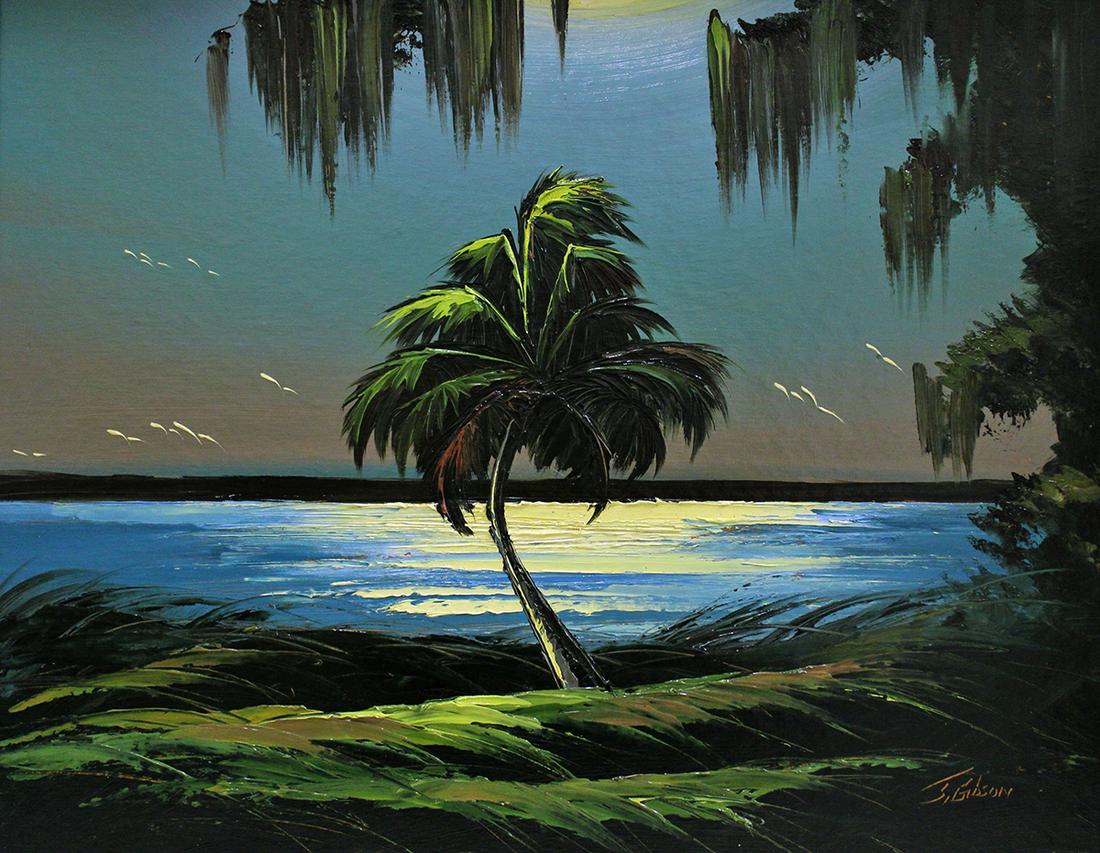 JAMES GIBSON NIGHT RIVER HIGHWAYMEN PAINTING: James Gibson (1938-2017) Vintage Highwaymen painting of a night river scene with bent palm tree, flying birds, and hanging Spanish moss. Signed lower right. Measures 29" x 22.25" on upson board and 31