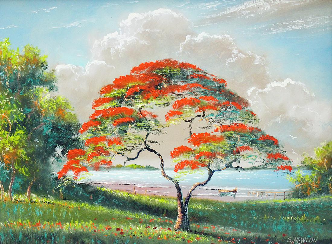 SAM NEWTON POINCIANA TREE HIGHWAYMEN PAINTING: Sam Newton (b. 1948) Highwaymen painting of a Florida landscape with bright red poiciana tree and beach with boat. Signed lower right. Measures 24" x 18" on board and 27.75" x 21.75" w/ frame.