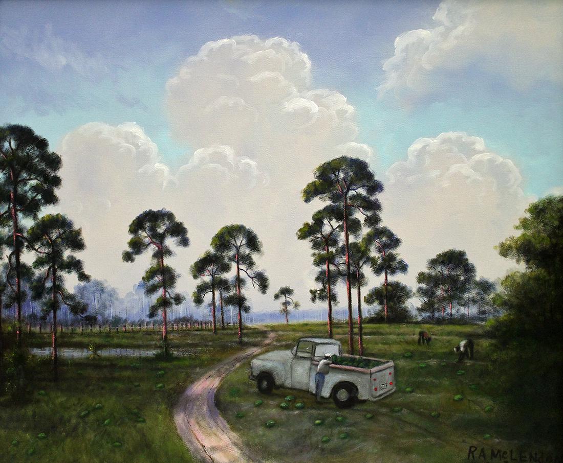 ROY MCLENDON FRUIT PICKERS HIGHWAYMEN PAINTING: Roy Mclendon (b. 1932) Highwaymen painting of a rare Florida landscape scene with watermelon pickers loading a pickup truck and tall pine trees. Signed lower right. Measures 24" x 20" on canvas and 27