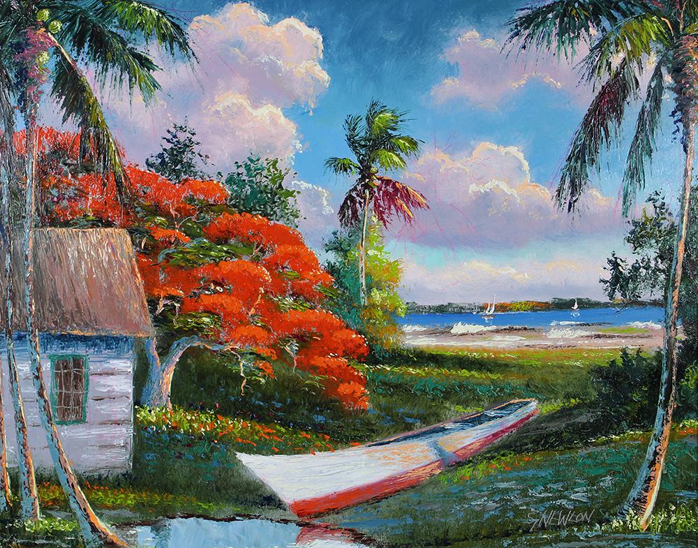 SAM NEWTON POINCIANA BOAT HIGHWAYMEN PAINTING: Sam Newton (b. 1948) Highwaymen painting of a colorful Florida scene with boat house, boat, red poinciana tree and palm trees, with beach in background. Signed lower right. Some red lines on painting.