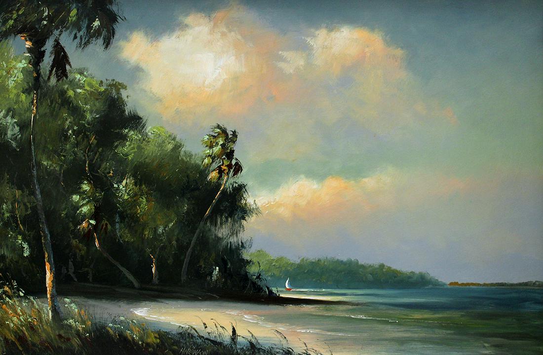 HAROLD NEWTON FLORIDA BEACH HIGHWAYMEN PAINTING: Harold Newton (1934-1994) Highwaymen painting of a Florida beach scene with tall palm trees, cloudy sky, and sailboat. Signed lower left middle. Measures 36" x 24" on masonite and 32.5" x 27.75" w/ fr