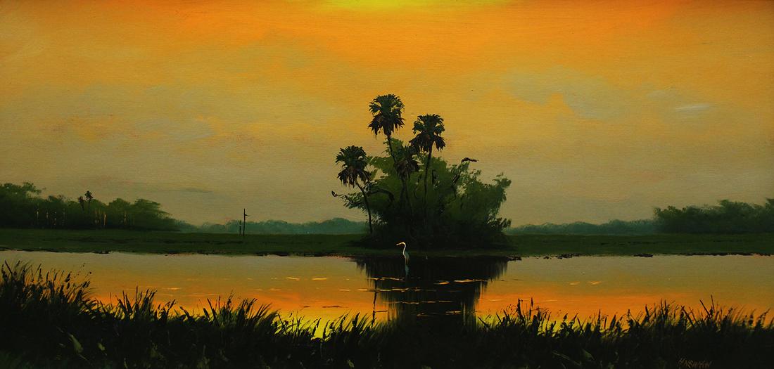 HAROLD NEWTON SUNSET HIGHWAYMEN PAINTING: Harold Newton (1934-1994) Vintage Highwaymen painting of a Florida backwoods landscape with yellow and orange sun sunset and tall palm trees. Signed lower right. "Sofa size" measures 48" x 24" on upso