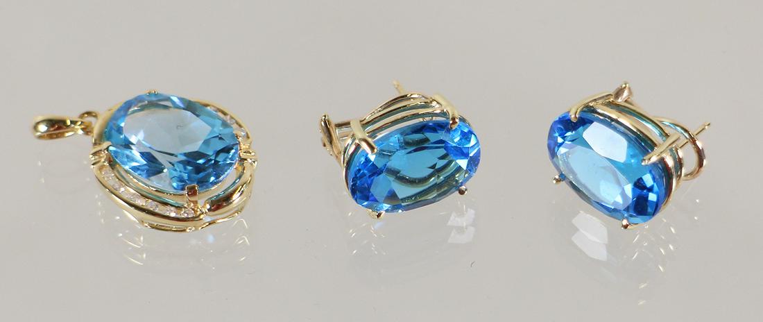 14K GOLD BLUE TOPAZ & DIAMOND EARRINGS & PENDANT (1 of 4)