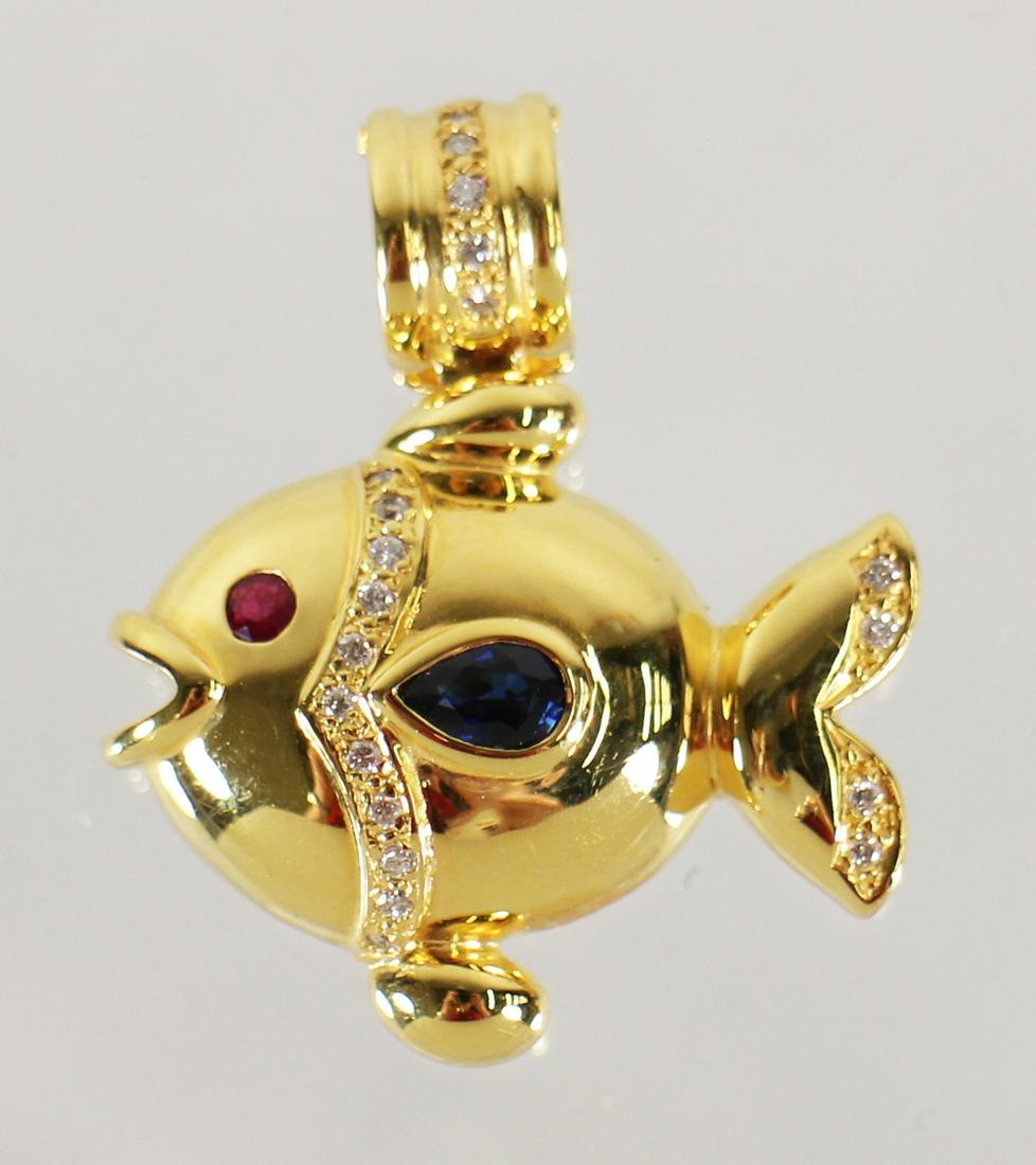 14K GOLD DIAMOND RUBY SAPPHIRE FISH PENDANT (1 of 4)