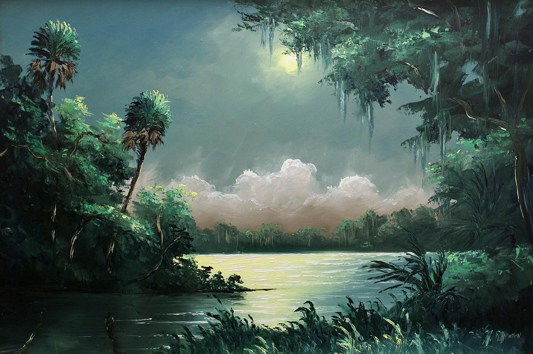 LEM NEWTON NIGHT INLET HIGHWAYMEN PAINTING: Lemuel "Lem" Newton (1950-2014) Vintage Highwaymen painting. Measures 36" x 24" on board and 39.25" x 27" w/ frame.