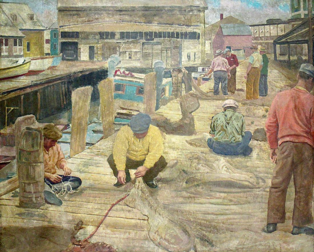 DONALD SQUIER WPA FISHERMAN GLOUSTER PAINTING: Donald Gordon Squier (1895-1987) Painting on board of fisherman in Glouster, Massachusetts. Some bowing to board. Signed front right corner and also on verso and titled with WPA. Measures 23 3/8" x 19