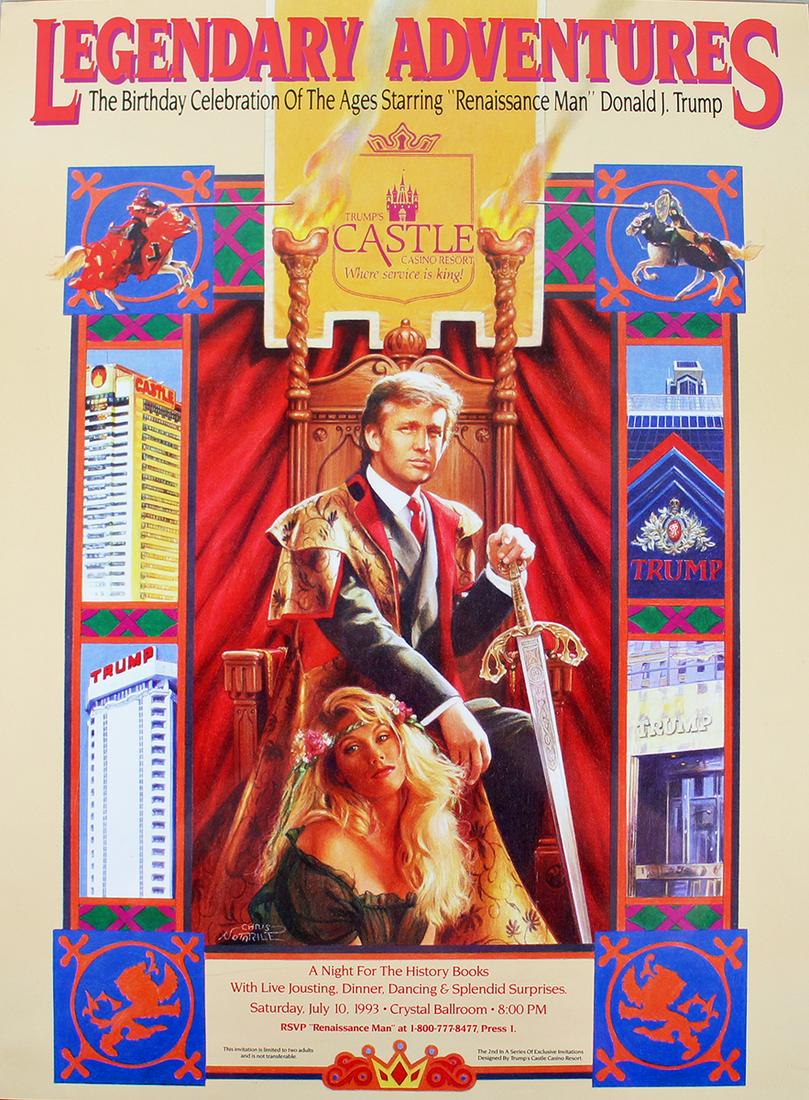 DONALD TRUMP LEGENDARY ADVENTURES POSTER: Rare Donald Trump Legendary Adventures 1993 birthday celebration invitation. Poster features a Renaissance theme with Trump and Marla Maples. Measures 24" x 18" unframed. The poster was sent out to in