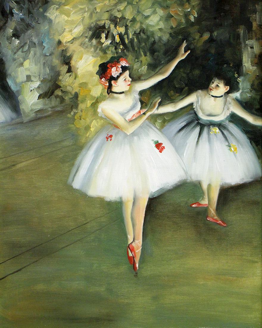 BALLERINAS PAINTING AFTER DEGAS: Oil on canvas painting - Ballerinas - after Edgar Degas. Measures 20" x 16" and 24.5" x 20.5" w/ frame.