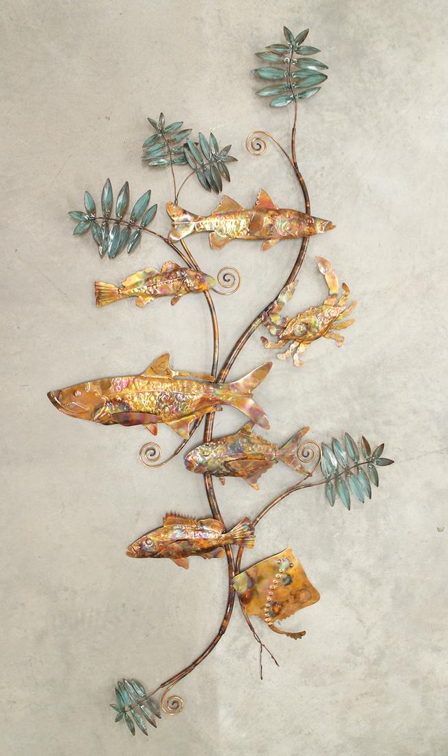 METAL FISH WALL ARTWORK: Metal hanging sea life artwork with fish, ray, and crab. Measures approximately 57" long.