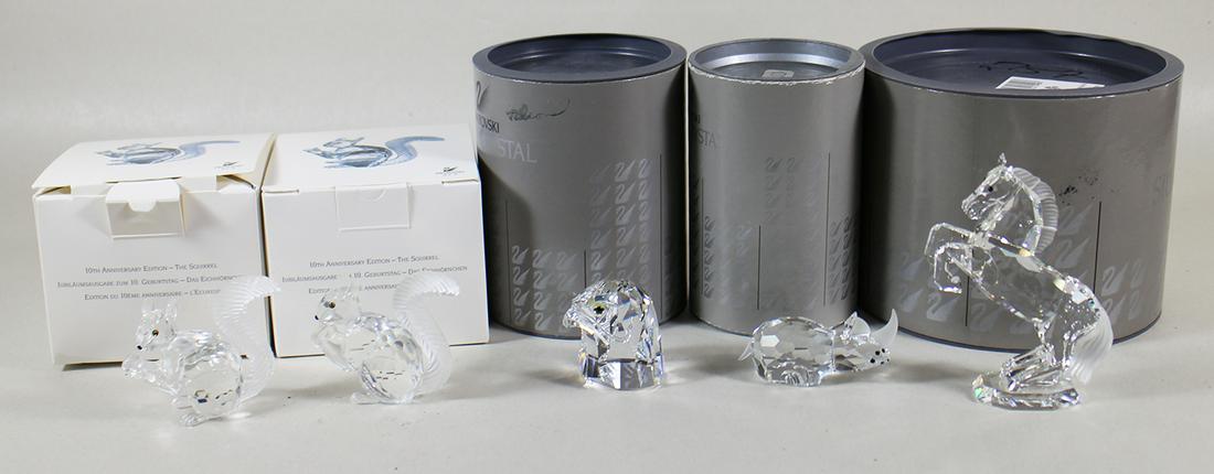 SWAROVSKI FALCON BIRD, RHINO, HORSE & SQUIRRELS: Collection includes a falcon head, a horse, a rhino, and 2 squirrels.