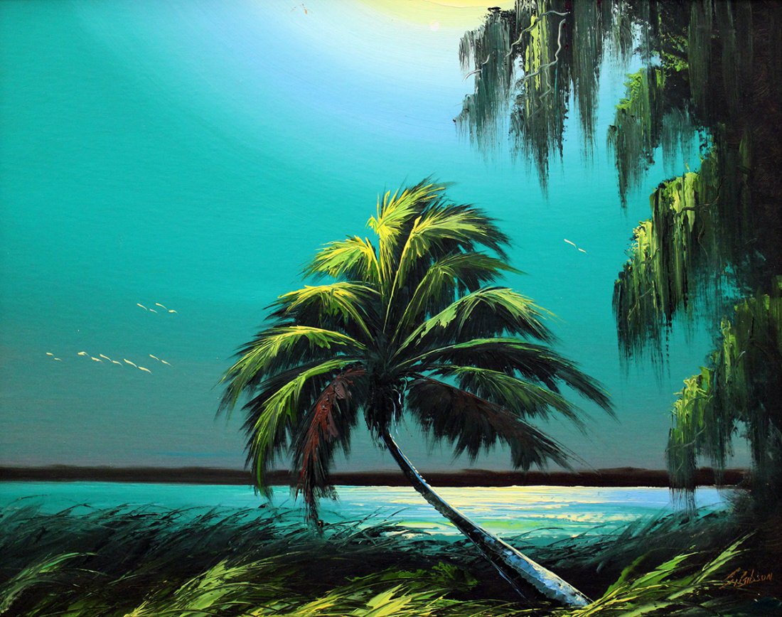JAMES GIBSON HIGHWAYMEN PAINTING: James Gibson (1938-2017) Highwaymen painting of a Florida night time river scene with palm tree and hanging Spanish moss. Signed lower right. Measures 30" x 24" on upson board and 32" x 25.5" w/ frame
