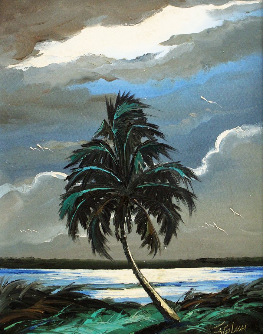 JAMES GIBSON HIGHWAYMEN PAINTING: James Gibson (1938-2017) Highwaymen painting of a Florida night river scene with palm tree and cloudy sky. Signed lower right. Measures 20" x 16" on canvas and 23 3/4" x 19 1/2" w/ frame.