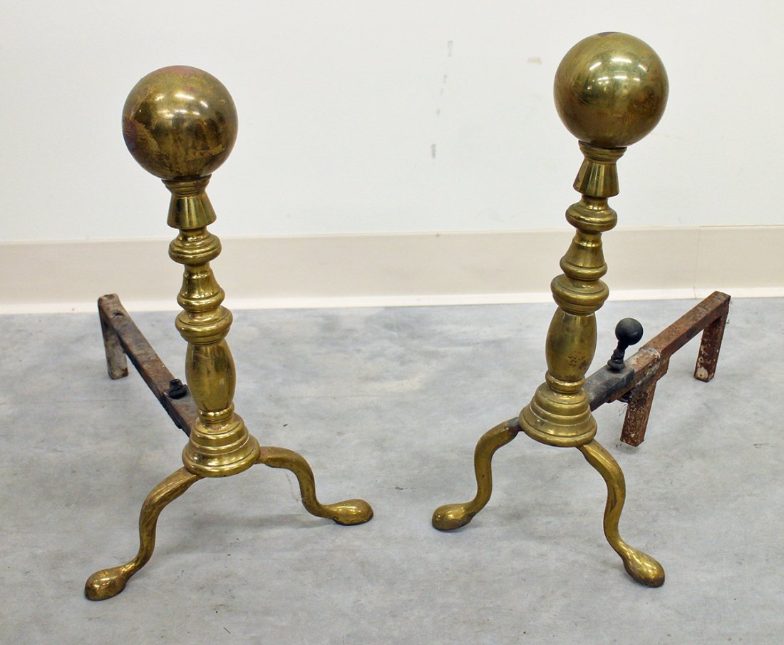ANTIQUE BRASS BALL TOP ANDIRONS: Age related wear. 19" x 17"