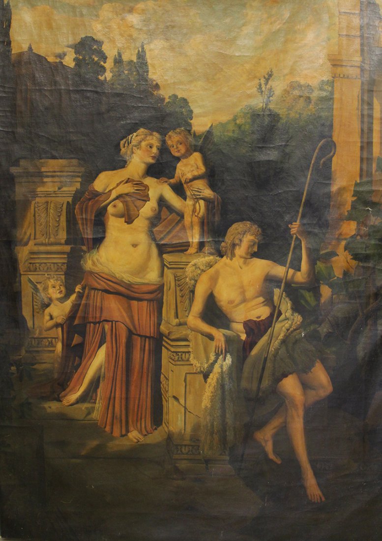 NUDE WOMAN & MAN WITH CHERUBS OIL PAINTING: Large unframed & upstretched painting of a nude woman with a man holding a scepter surrounded by cherubs. Signed lower right J. Manya 38'. Measures approximately 62" x 45"
