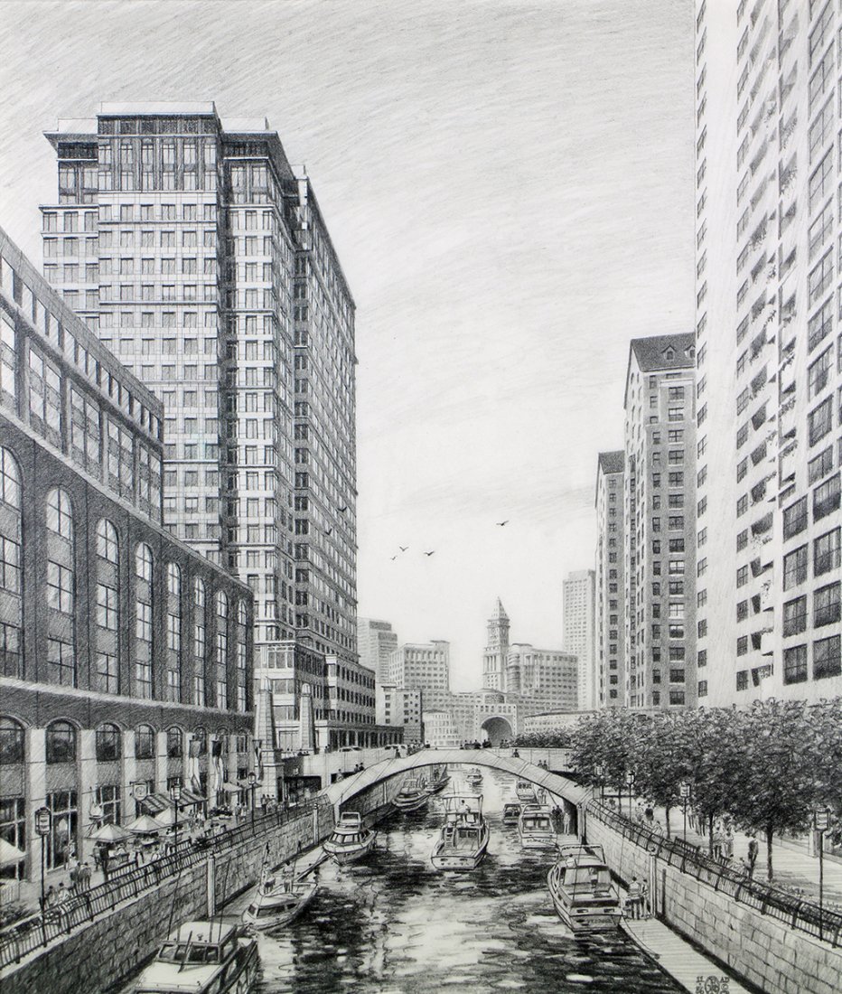CHICAGO CITY PENCIL DRAWING: Pencil sketch drawing of Chicago with tall buildings and waterway with boats. Signed / initialed lower right. Measures 15" x 12.5" (sight) and 21.25" x 19" w/ frame.