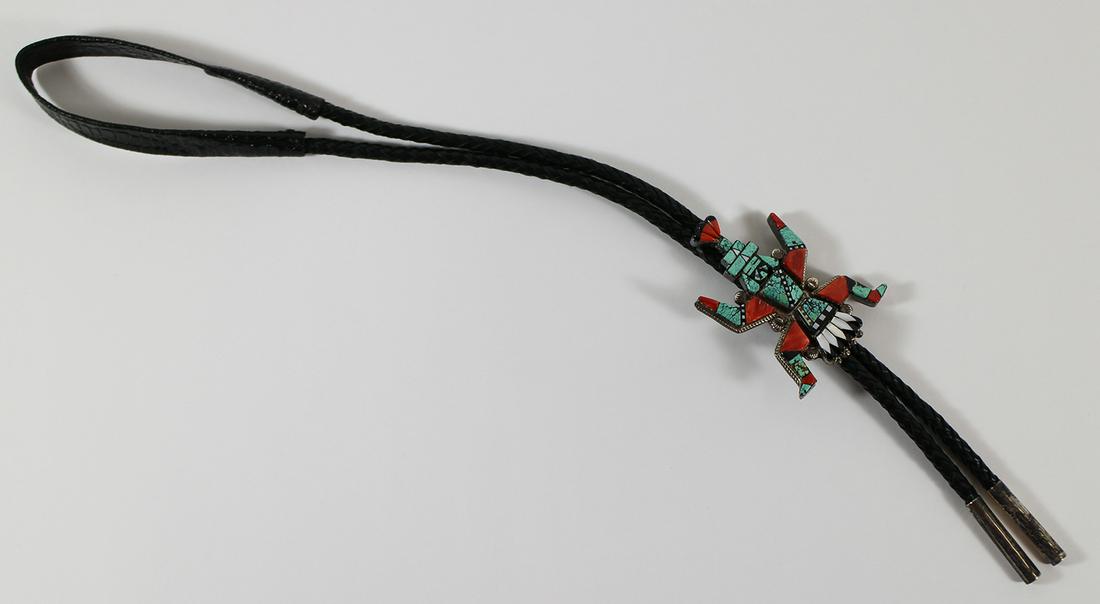 ZUNI INLAID TURQUOISE & CORAL BOLO TIE - EDAAKIE (1 of 4)