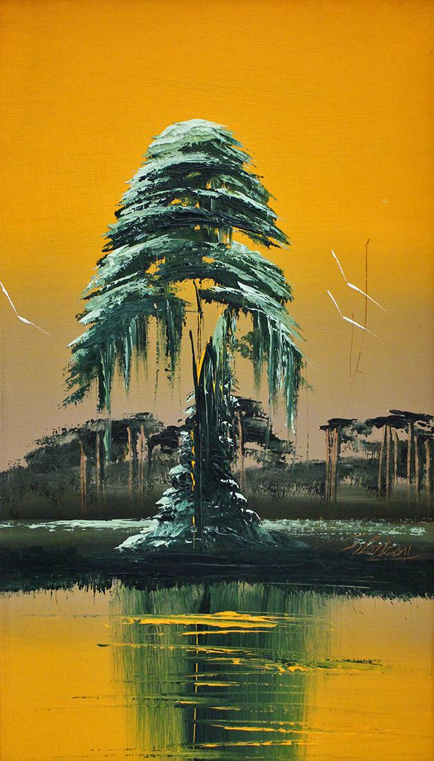 JAMES GIBSON SUNSET PINE HIGHWAYMEN PAINTING: James Gibson (1938-2017) Vintage Highwaymen painting of a orange Florida sunset scene with pine tree. Signed right middle. Measures 20" x 12" on upson board and 23.25" x 15.25" w/ frame.