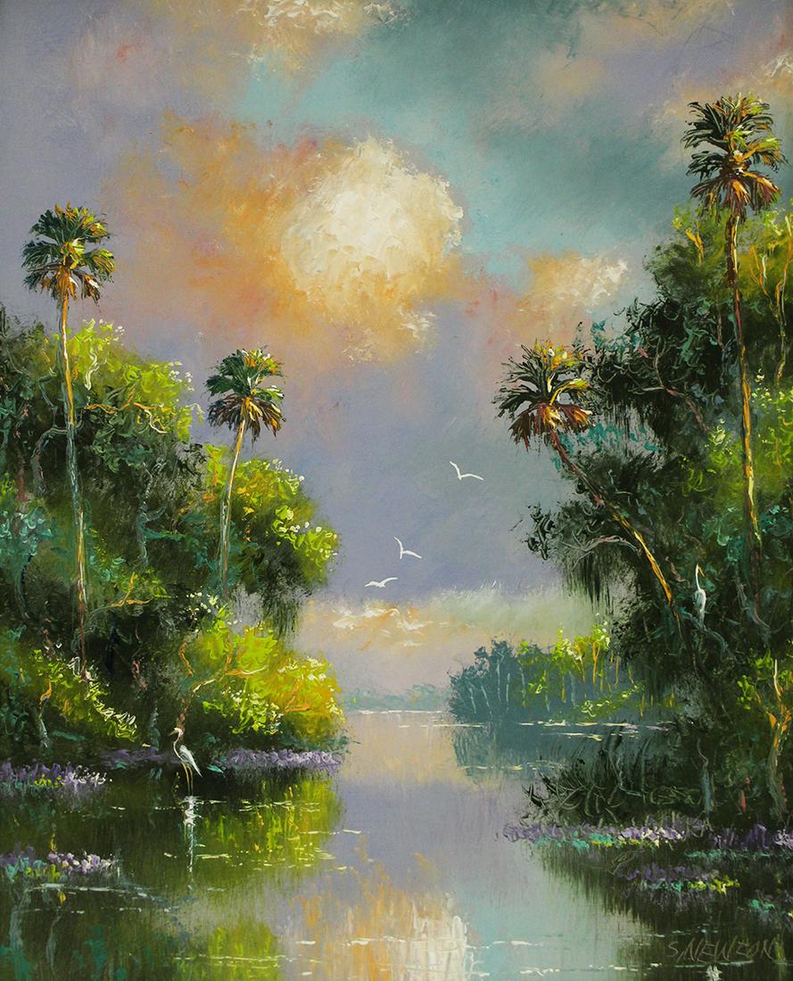 SAM NEWTON RIVER INLET HIGHWAYMEN PAINTING: Sam Newton (b. 1948) Painting of a Florida river inlet scene with tall palm trees, cloudy sky, and birds. Signed lower right. Measures 20" x 16" on board and 23.5" x 19.5" w/ frame.