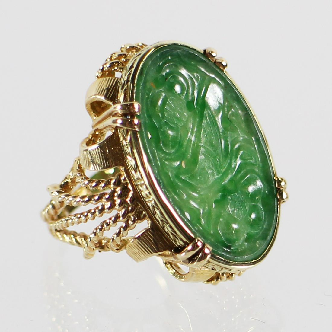 14K CARVED LOTUS FLOWER PIERCED JADE RING (1 of 4)