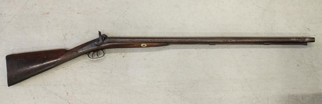 ANTIQUE MANTON LONDON DOUBLE BARREL SHOTGUN: Antique double barrel percussion shotgun. Marked Manton. Approximately 50" long. *PLEASE NOTE, GUN WILL ONLY BE SHIPPED TO OR PICKED UP AT FFL DEALER.