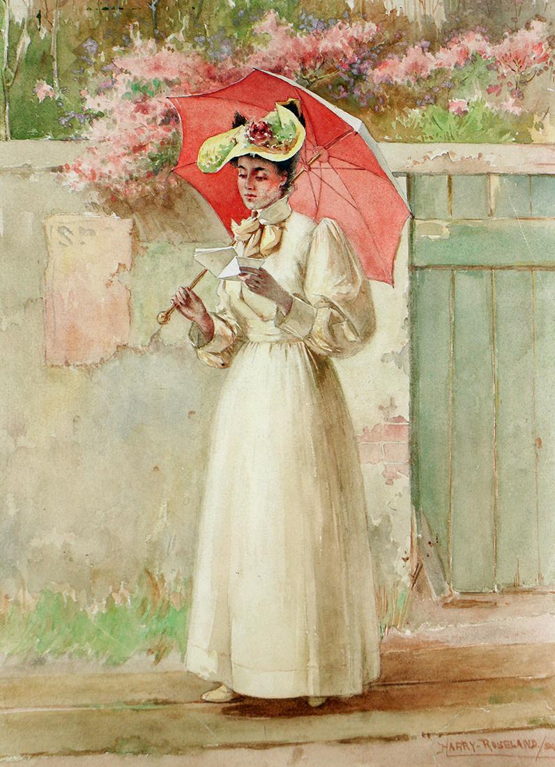 HARRY ROSELAND WATERCOLOR - 1884: Harry Roseland (1866-1950) Watercolor painting of a young woman with umbrella. Signed lower left. Tear to paper by signature, has not been examined out of frame. Measures 13 1/4" x 9 5/8" (sight) and 
