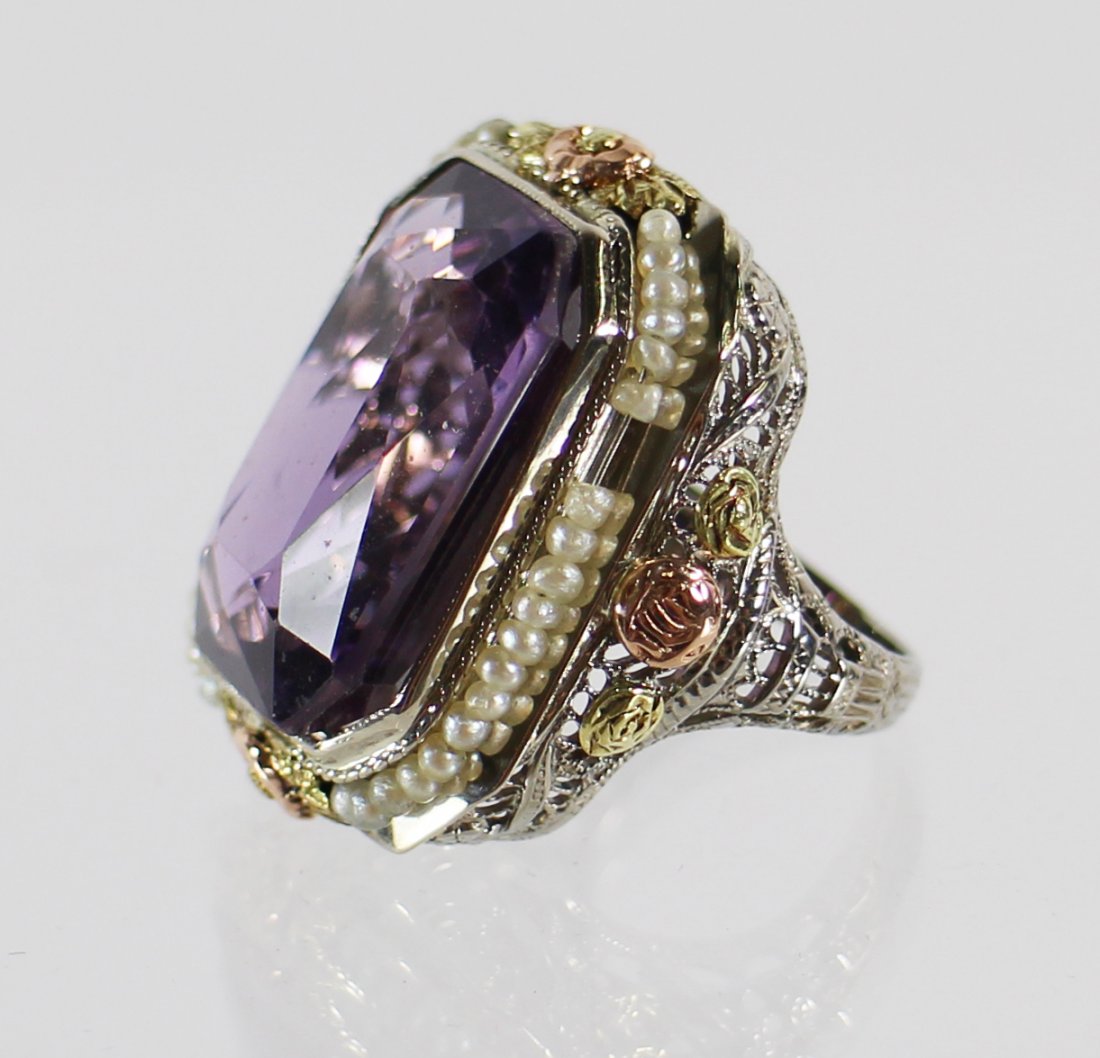 14K ART DECO AMETHYST & SEED PEARL RING (1 of 3)