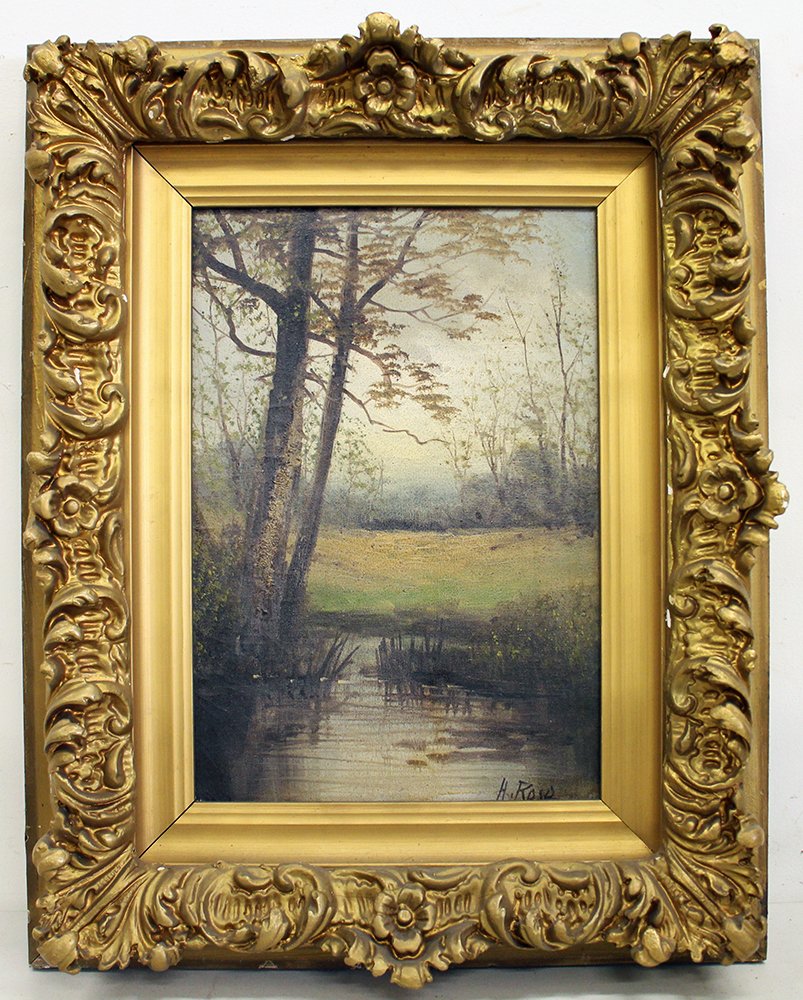 19TH CENTURY LANDSCAPE PAINTING: Signed H. Ross (?) lower right. Measures 13" x 9" in gold gesso high relief frame. Frame measures 19 5/8" x 15 5/8".