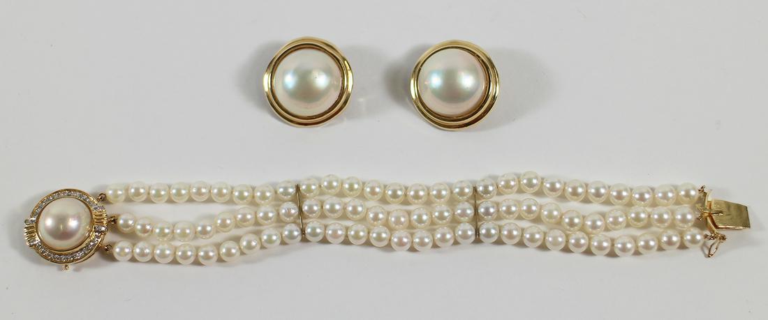 14KT PEARL & DIAMOND BRACELET & MABE EARRINGS (1 of 4)