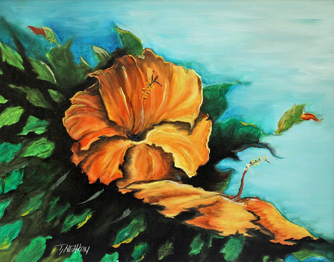 TRACY NEWTON HIBISCUS FLOWER PAINTING: Tracy Newton painting of a orange hibiscus. Signed lower right. Measures 20" x 16" on artist board & 23.5" x 19.5" w/ frame. Tracy is the son of Highwaymen artist Sam Newton.