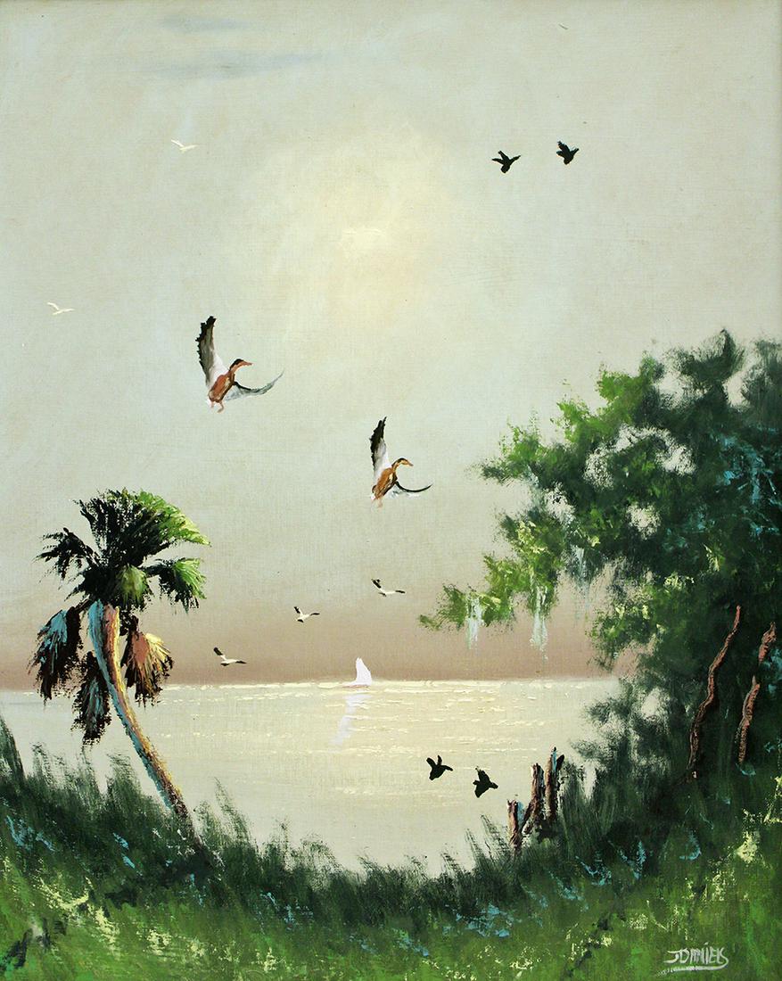 JOHNNY DANIELS RIVER BIRDS HIGHWAYMEN PAINTING: Johnny Daniels (1954-2009) Highwaymen painting of a Florida river scene with flying birds, palm tree, and sailboat in the distance. Signed lower right. Measures 30" x 24" on upson board and 33 1/2" x 