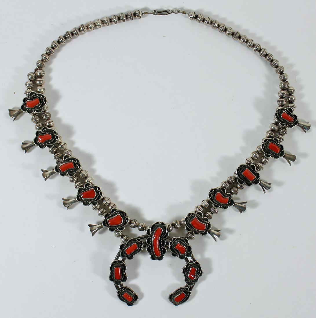 NAVAJO SQUASH BLOSSOM CORAL NECKLACE (1 of 4)