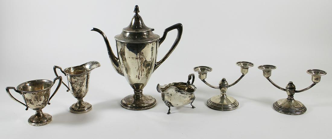 STERLING TEA SET & CANDLESTICKS (1 of 4)