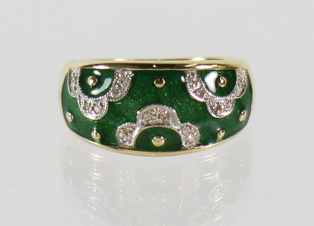 14KT GOLD GREEN ENAMEL & DIAMOND RING (1 of 3)