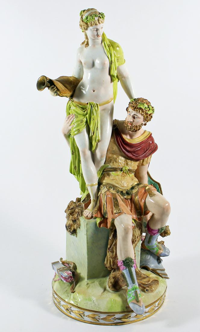 KPM HISTORY & MARS FIGURINE: KPM German figurine of History and Mars. Marked Geschicte Mars in high relief with blue mark on underside. Repair to arm, feather missing from helmet, some small losses to head wreaths. Measures 18" t