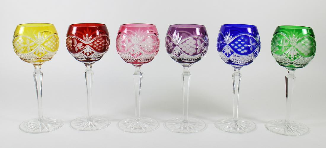 (6) CUT TO CLEAR WINE HOCKS: A set of 6 assorted color wine glasses. Approx 9" tall