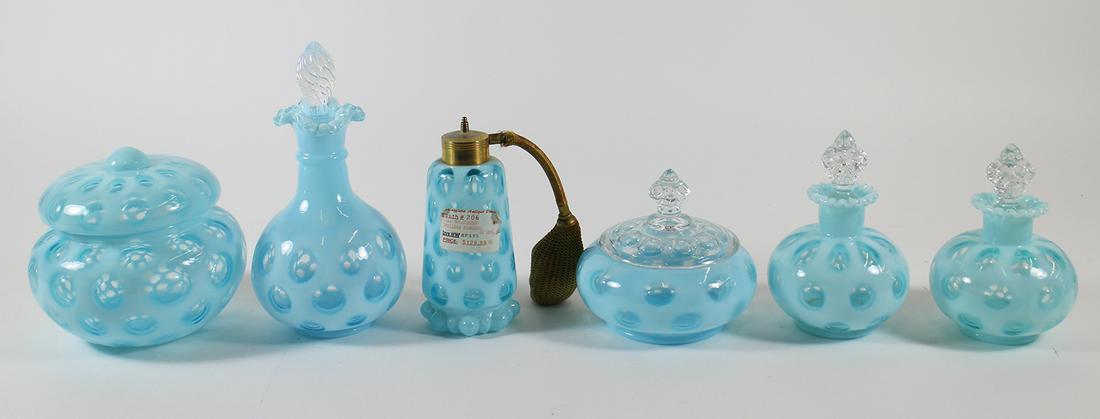 (6) FENTON BLUE OPALESCENT COIN DOT VANITY SET (1 of 3)