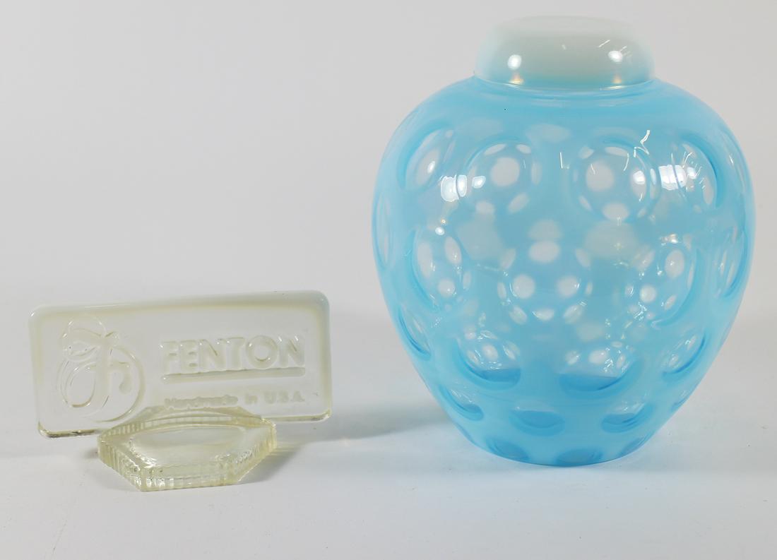 FENTON BLUE OPALESCENT COIN DOT GINGER JAR & SIGN (1 of 3)