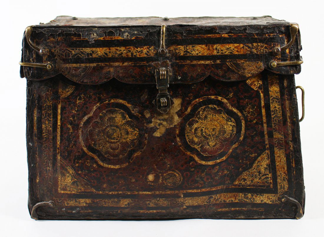 EARLY TIBETAN LEATHER DOCUMENT BOX (1 of 8)