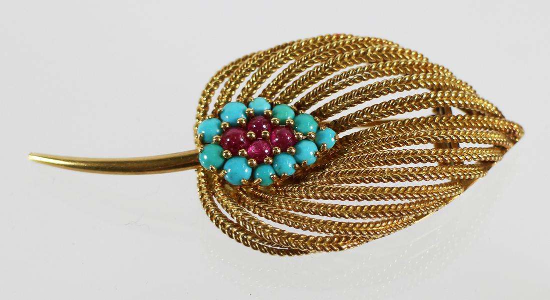 18K TURQUOISE & RUBY LEAF BROOCH (1 of 3)
