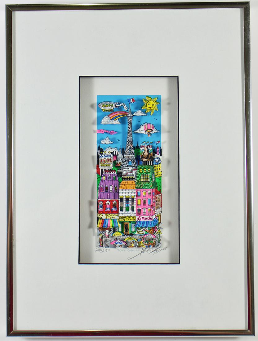 CHARLES FAZZINO "RIVE GAUCHE" POP ART: A three dimensional pop art by Charles Fazzino. It is titled Rive Gauche and numbered 208/250. Signed lower right. Framed 14" x 10.5"