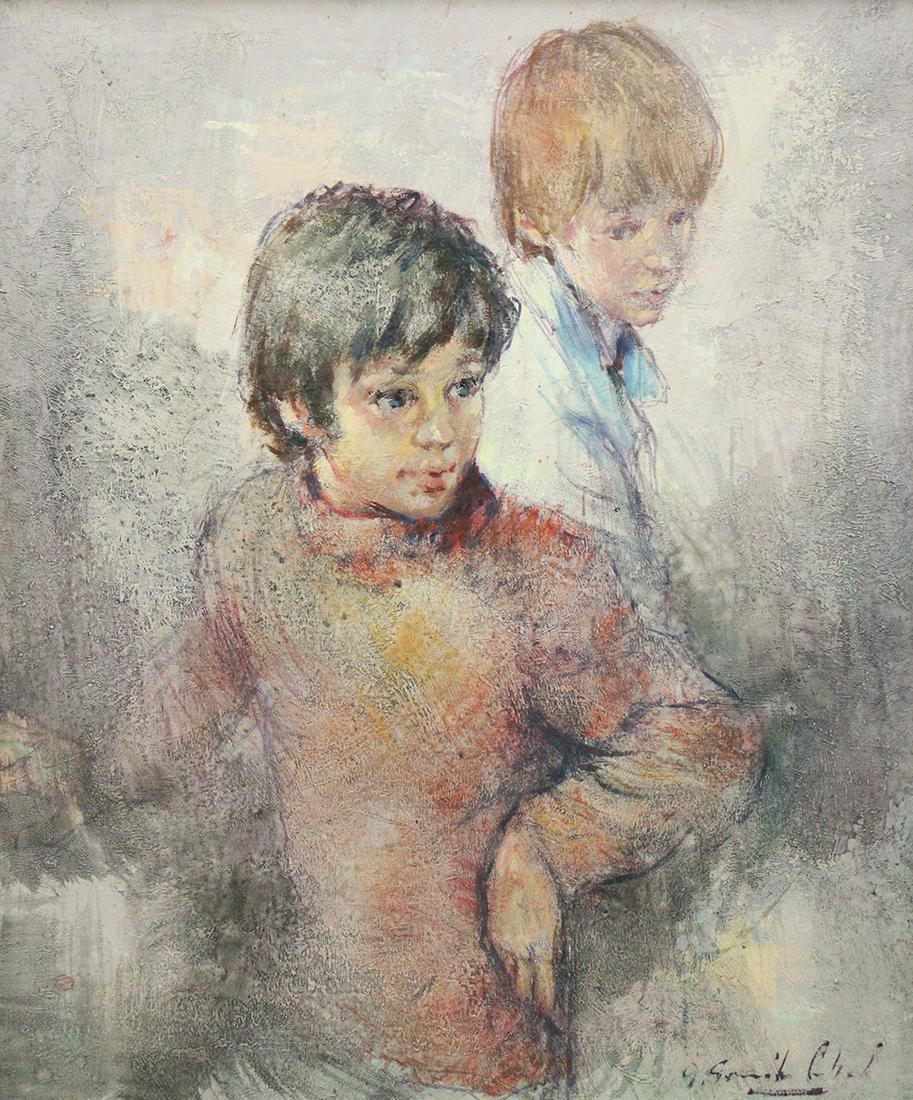 ANTONIO GONZALEZ COLLADO PAINTING: Antonio Gonzalez Collado (b. 1930) Painting on canvas painting of two children. Purchased in 1985 at Galerie Bussiere Jannel in Paris. Measures 17.5" x 21" (Framed 28" x 32.5")