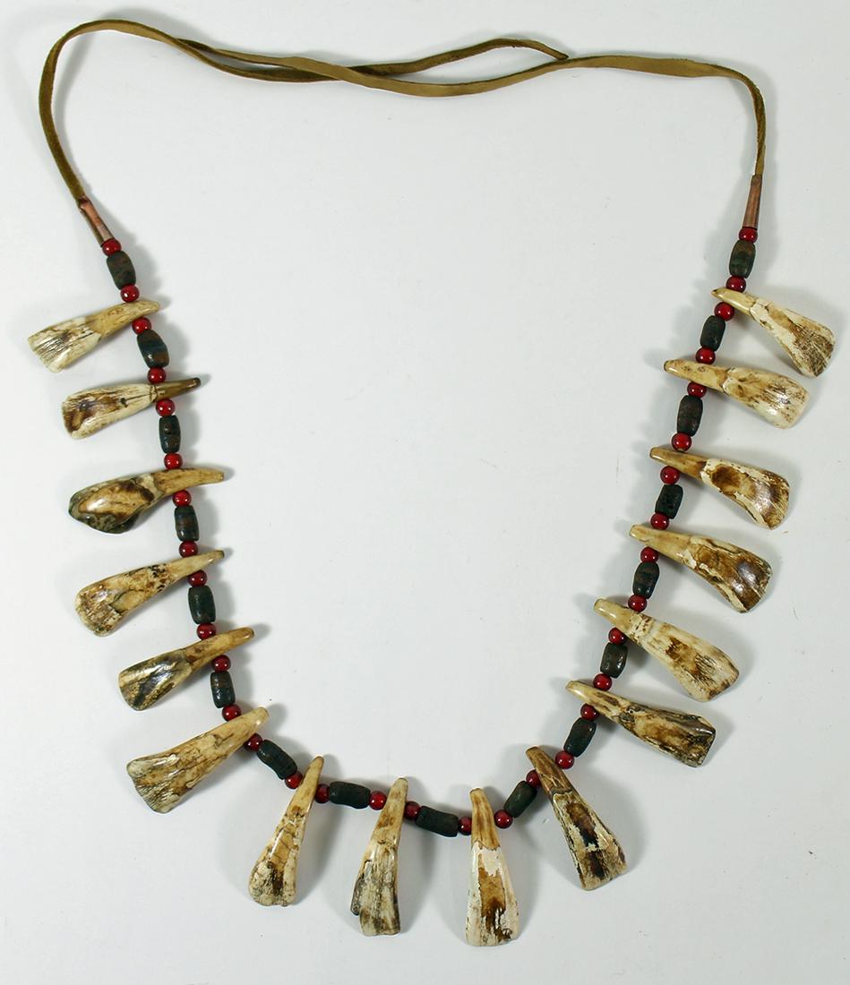 NATIVE AMERICAN INDIAN BUFFALO TOOTH NECKLACE: A Northern Plains Indian buffalo tooth trade necklace. 22" long