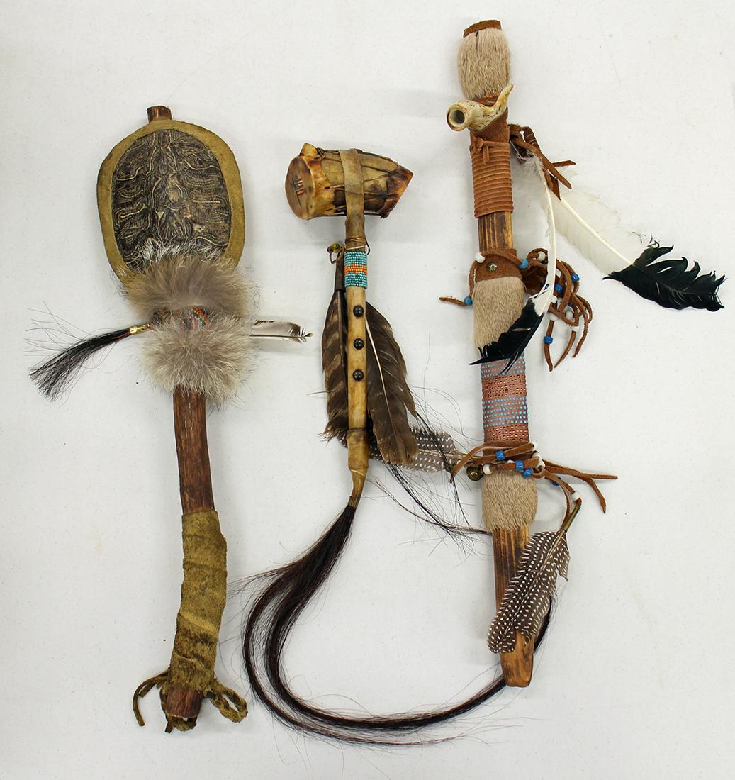 (3) Native American Indian Rattles & Peace Pipe