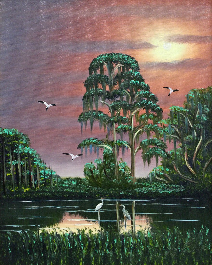 AL BLACK PURPLE SUNSET HIGHWAYMEN PAINTING: Al Black (b. 1945) Highwaymen painting of a Florida purple sunset landscape with tall pine trees, birds, and vegetation. Signed lower right. Measures 20" x 16" on artist board & 24.25" x 20.25" w/ fra