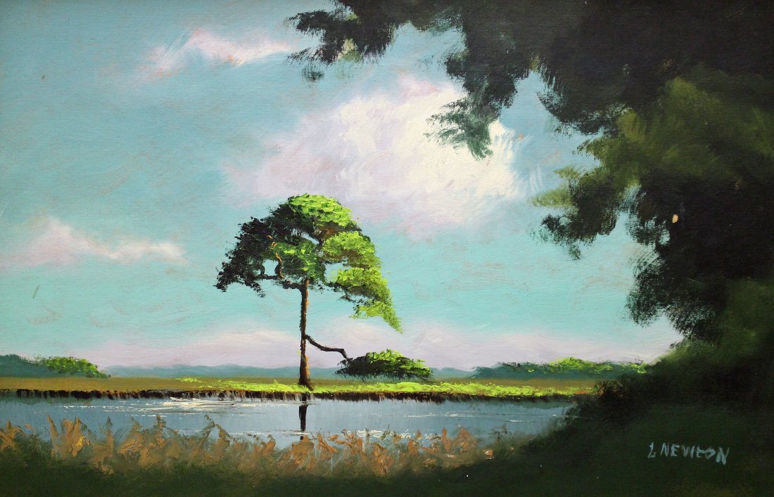 LEMUEL NEWTON BACKWOODS PINE HIGHWAYMEN PAINTING: Lemuel "Lem" Newton (1950-2014) Vintage Highwaymen painting of a Florida backwoods landscape with tall pine tree. Signed lower right. Small area of paint loss to right side. Measures 36" x 24" on upso