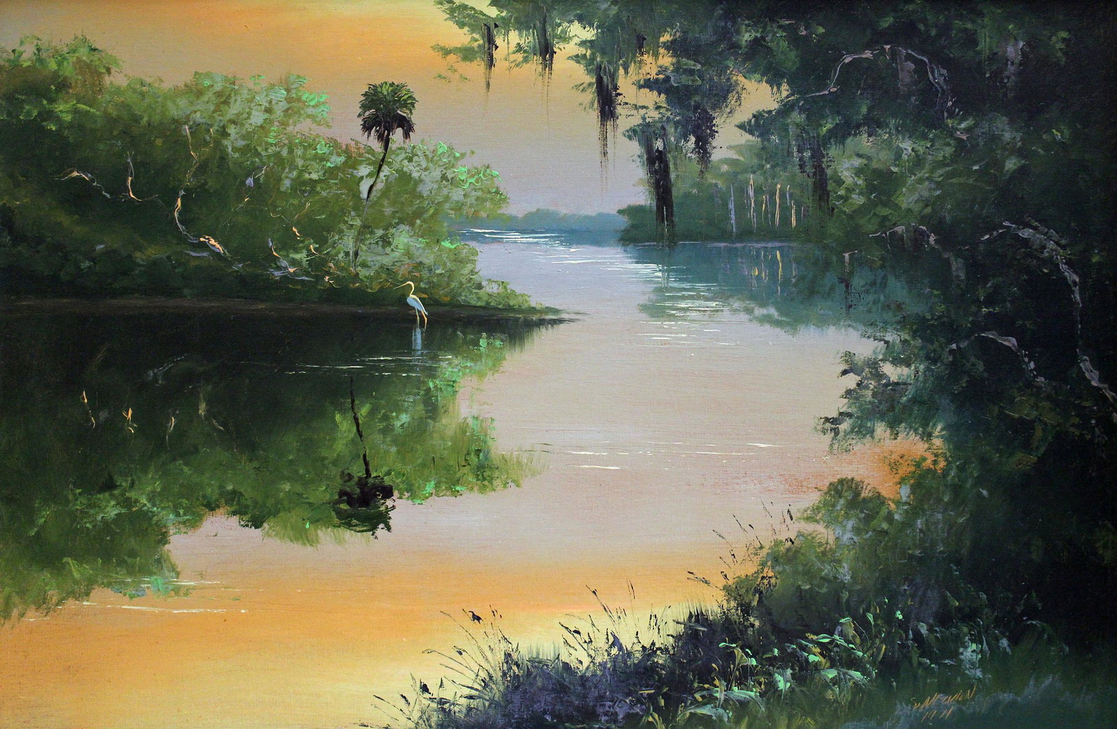 SAM NEWTON 1971 RIVER INLET HIGHWAYMEN PAINTING: Sam Newton (b. 1948) Vintage Highwaymen painting of a Florida river scene with orange and yellow sunset, vegetation, bird, and bent palm tree. Signed lower right and dated 1971. Measures approximately